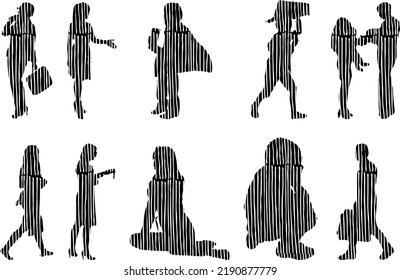 Vector silhouettes, Outline silhouettes of people, Contour drawing, people silhouette, Icon Set Isolated, Silhouette of sitting people, Architectural set	
