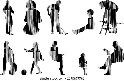 Vector silhouettes, Outline silhouettes of people, Contour drawing, people silhouette, Icon Set Isolated, Silhouette of sitting people, Architectural set	
