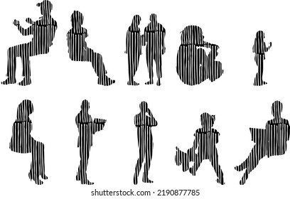 Vector silhouettes, Outline silhouettes of people, Contour drawing, people silhouette, Icon Set Isolated, Silhouette of sitting people, Architectural set	
