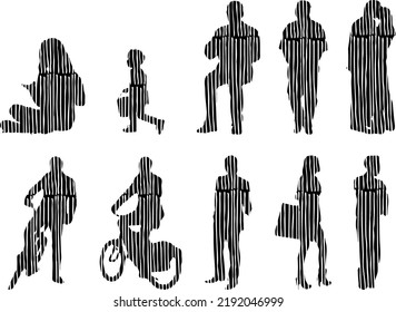 Vector silhouettes, Outline silhouettes of people, Contour drawing, people silhouette, Icon Set Isolated, Silhouette of sitting people, Architectural set	
