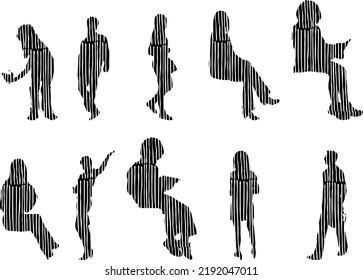 Vector silhouettes, Outline silhouettes of people, Contour drawing, people silhouette, Icon Set Isolated, Silhouette of sitting people, Architectural set	
