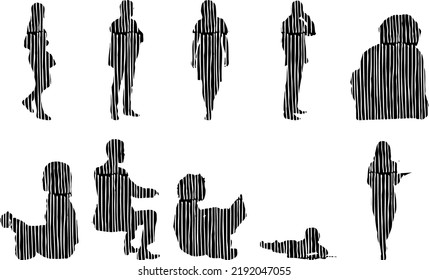 Vector silhouettes, Outline silhouettes of people, Contour drawing, people silhouette, Icon Set Isolated, Silhouette of sitting people, Architectural set	
