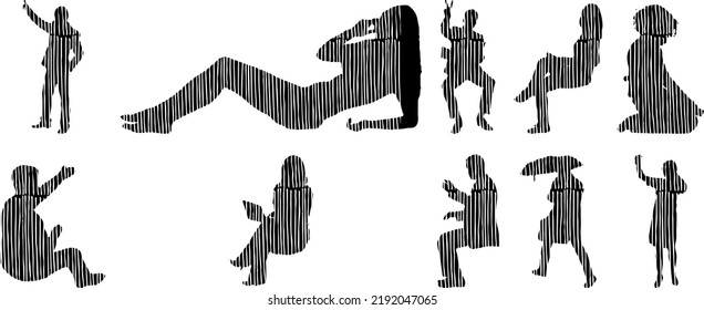 Vector silhouettes, Outline silhouettes of people, Contour drawing, people silhouette, Icon Set Isolated, Silhouette of sitting people, Architectural set	

