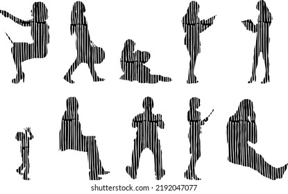 Vector silhouettes, Outline silhouettes of people, Contour drawing, people silhouette, Icon Set Isolated, Silhouette of sitting people, Architectural set	
