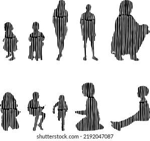 Vector silhouettes, Outline silhouettes of people, Contour drawing, people silhouette, Icon Set Isolated, Silhouette of sitting people, Architectural set	
