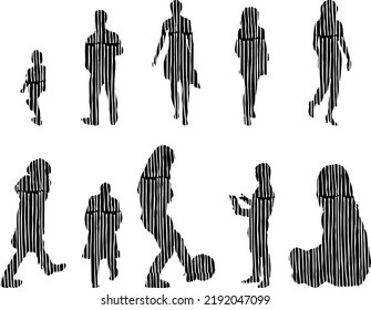 Vector silhouettes, Outline silhouettes of people, Contour drawing, people silhouette, Icon Set Isolated, Silhouette of sitting people, Architectural set	
