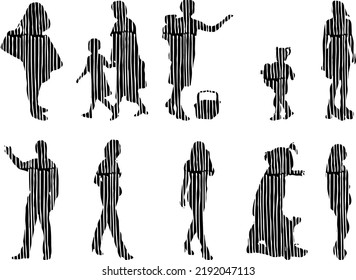 Vector silhouettes, Outline silhouettes of people, Contour drawing, people silhouette, Icon Set Isolated, Silhouette of sitting people, Architectural set	
