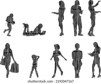 Vector silhouettes, Outline silhouettes of people, Contour drawing, people silhouette, Icon Set Isolated, Silhouette of sitting people, Architectural set	
