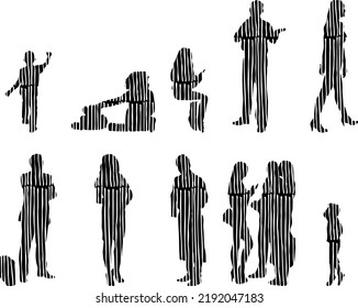 Vector silhouettes, Outline silhouettes of people, Contour drawing, people silhouette, Icon Set Isolated, Silhouette of sitting people, Architectural set	
