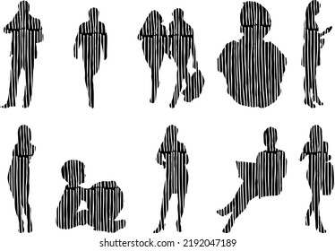 Vector silhouettes, Outline silhouettes of people, Contour drawing, people silhouette, Icon Set Isolated, Silhouette of sitting people, Architectural set	
