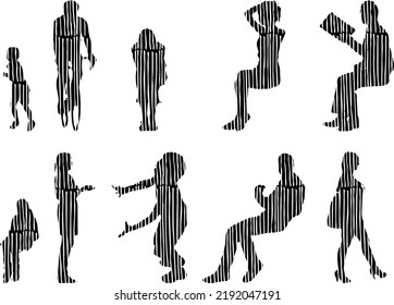 Vector silhouettes, Outline silhouettes of people, Contour drawing, people silhouette, Icon Set Isolated, Silhouette of sitting people, Architectural set	
