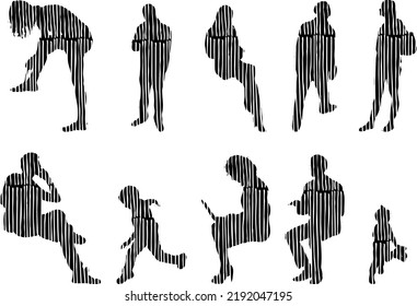 Vector silhouettes, Outline silhouettes of people, Contour drawing, people silhouette, Icon Set Isolated, Silhouette of sitting people, Architectural set	

