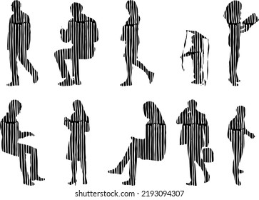 Vector silhouettes, Outline silhouettes of people, Contour drawing, people silhouette, Icon Set Isolated, Silhouette of sitting people, Architectural set	