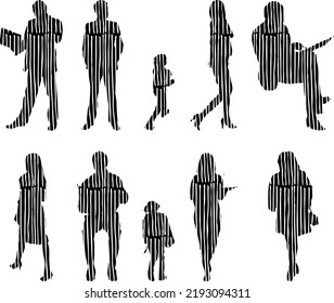 Vector silhouettes, Outline silhouettes of people, Contour drawing, people silhouette, Icon Set Isolated, Silhouette of sitting people, Architectural set	