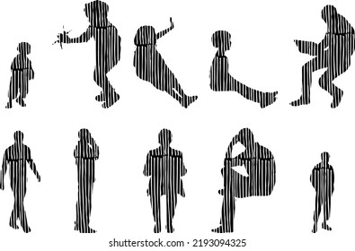 Vector silhouettes, Outline silhouettes of people, Contour drawing, people silhouette, Icon Set Isolated, Silhouette of sitting people, Architectural set	
