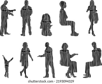 Vector silhouettes, Outline silhouettes of people, Contour drawing, people silhouette, Icon Set Isolated, Silhouette of sitting people, Architectural set	