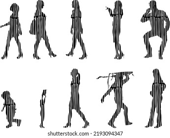Vector silhouettes, Outline silhouettes of people, Contour drawing, people silhouette, Icon Set Isolated, Silhouette of sitting people, Architectural set	