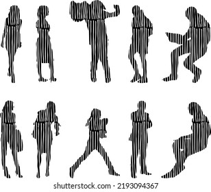 Siluetas vectoriales, Siluetas de contorno de personas, Dibujo de contorno, silueta de personas, Conjunto de iconos aislados, Silueta de personas sentadas, Conjunto arquitectónico	