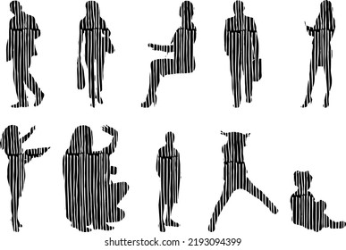 Vector silhouettes, Outline silhouettes of people, Contour drawing, people silhouette, Icon Set Isolated, Silhouette of sitting people, Architectural set	