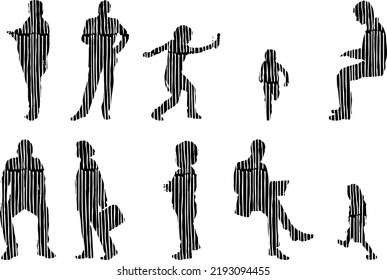 Vector silhouettes, Outline silhouettes of people, Contour drawing, people silhouette, Icon Set Isolated, Silhouette of sitting people, Architectural set	