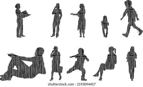 Vector silhouettes, Outline silhouettes of people, Contour drawing, people silhouette, Icon Set Isolated, Silhouette of sitting people, Architectural set	