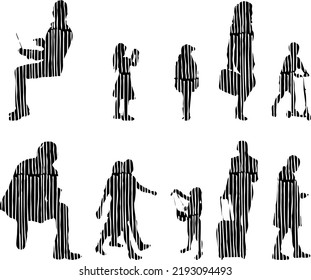 Vector silhouettes, Outline silhouettes of people, Contour drawing, people silhouette, Icon Set Isolated, Silhouette of sitting people, Architectural set	