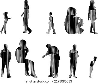 Vector silhouettes, Outline silhouettes of people, Contour drawing, people silhouette, Icon Set Isolated, Silhouette of sitting people, Architectural set	