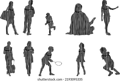 Vector silhouettes, Outline silhouettes of people, Contour drawing, people silhouette, Icon Set Isolated, Silhouette of sitting people, Architectural set	