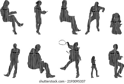 Vector silhouettes, Outline silhouettes of people, Contour drawing, people silhouette, Icon Set Isolated, Silhouette of sitting people, Architectural set	