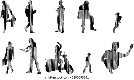 Vector silhouettes, Outline silhouettes of people, Contour drawing, people silhouette, Icon Set Isolated, Silhouette of sitting people, Architectural set	