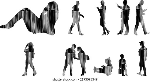 Vector silhouettes, Outline silhouettes of people, Contour drawing, people silhouette, Icon Set Isolated, Silhouette of sitting people, Architectural set	