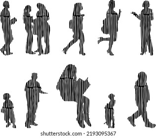 Vector silhouettes, Outline silhouettes of people, Contour drawing, people silhouette, Icon Set Isolated, Silhouette of sitting people, Architectural set	