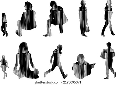 Vector silhouettes, Outline silhouettes of people, Contour drawing, people silhouette, Icon Set Isolated, Silhouette of sitting people, Architectural set	