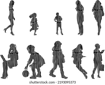 Vector silhouettes, Outline silhouettes of people, Contour drawing, people silhouette, Icon Set Isolated, Silhouette of sitting people, Architectural set	