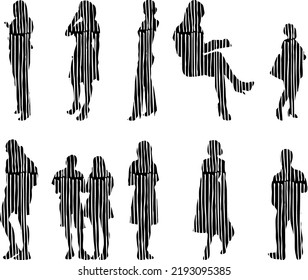 Vector silhouettes, Outline silhouettes of people, Contour drawing, people silhouette, Icon Set Isolated, Silhouette of sitting people, Architectural set	