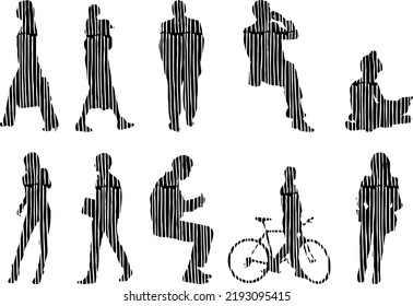 Vector silhouettes, Outline silhouettes of people, Contour drawing, people silhouette, Icon Set Isolated, Silhouette of sitting people, Architectural set	