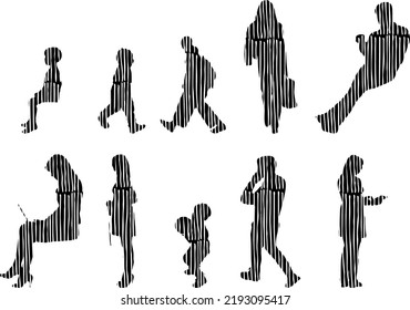 Vector silhouettes, Outline silhouettes of people, Contour drawing, people silhouette, Icon Set Isolated, Silhouette of sitting people, Architectural set	