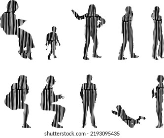 Vector silhouettes, Outline silhouettes of people, Contour drawing, people silhouette, Icon Set Isolated, Silhouette of sitting people, Architectural set	