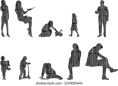 Vector silhouettes, Outline silhouettes of people, Contour drawing, people silhouette, Icon Set Isolated, Silhouette of sitting people, Architectural set	