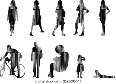 Vector silhouettes, Outline silhouettes of people, Contour drawing, people silhouette, Icon Set Isolated, Silhouette of sitting people, Architectural set	