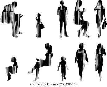 Siluetas vectoriales, Siluetas de contorno de personas, Dibujo de contorno, silueta de personas, Conjunto de iconos aislados, Silueta de personas sentadas, Conjunto arquitectónico	