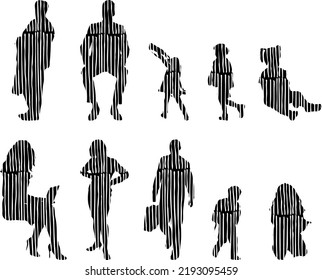 Vector silhouettes, Outline silhouettes of people, Contour drawing, people silhouette, Icon Set Isolated, Silhouette of sitting people, Architectural set	