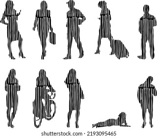 Vector silhouettes, Outline silhouettes of people, Contour drawing, people silhouette, Icon Set Isolated, Silhouette of sitting people, Architectural set	