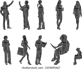 Vector silhouettes, Outline silhouettes of people, Contour drawing, people silhouette, Icon Set Isolated, Silhouette of sitting people, Architectural set	