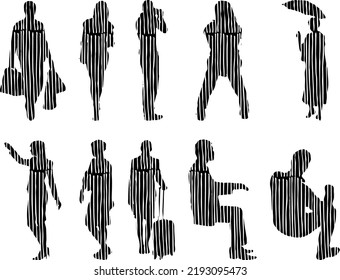 Vector silhouettes, Outline silhouettes of people, Contour drawing, people silhouette, Icon Set Isolated, Silhouette of sitting people, Architectural set	