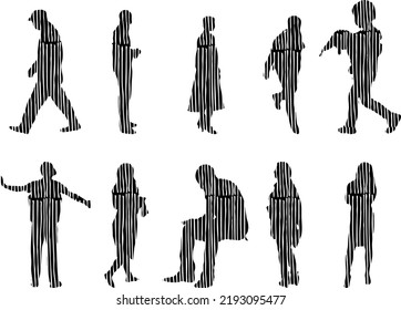Vector silhouettes, Outline silhouettes of people, Contour drawing, people silhouette, Icon Set Isolated, Silhouette of sitting people, Architectural set	