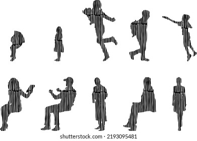Vector silhouettes, Outline silhouettes of people, Contour drawing, people silhouette, Icon Set Isolated, Silhouette of sitting people, Architectural set	