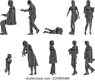 Vector silhouettes, Outline silhouettes of people, Contour drawing, people silhouette, Icon Set Isolated, Silhouette of sitting people, Architectural set	