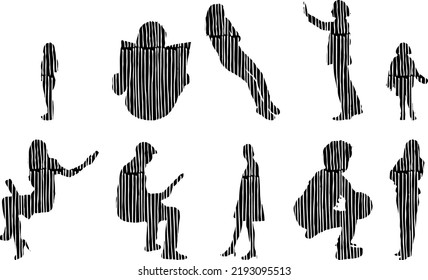 Vector silhouettes, Outline silhouettes of people, Contour drawing, people silhouette, Icon Set Isolated, Silhouette of sitting people, Architectural set	