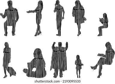 Vector silhouettes, Outline silhouettes of people, Contour drawing, people silhouette, Icon Set Isolated, Silhouette of sitting people, Architectural set	